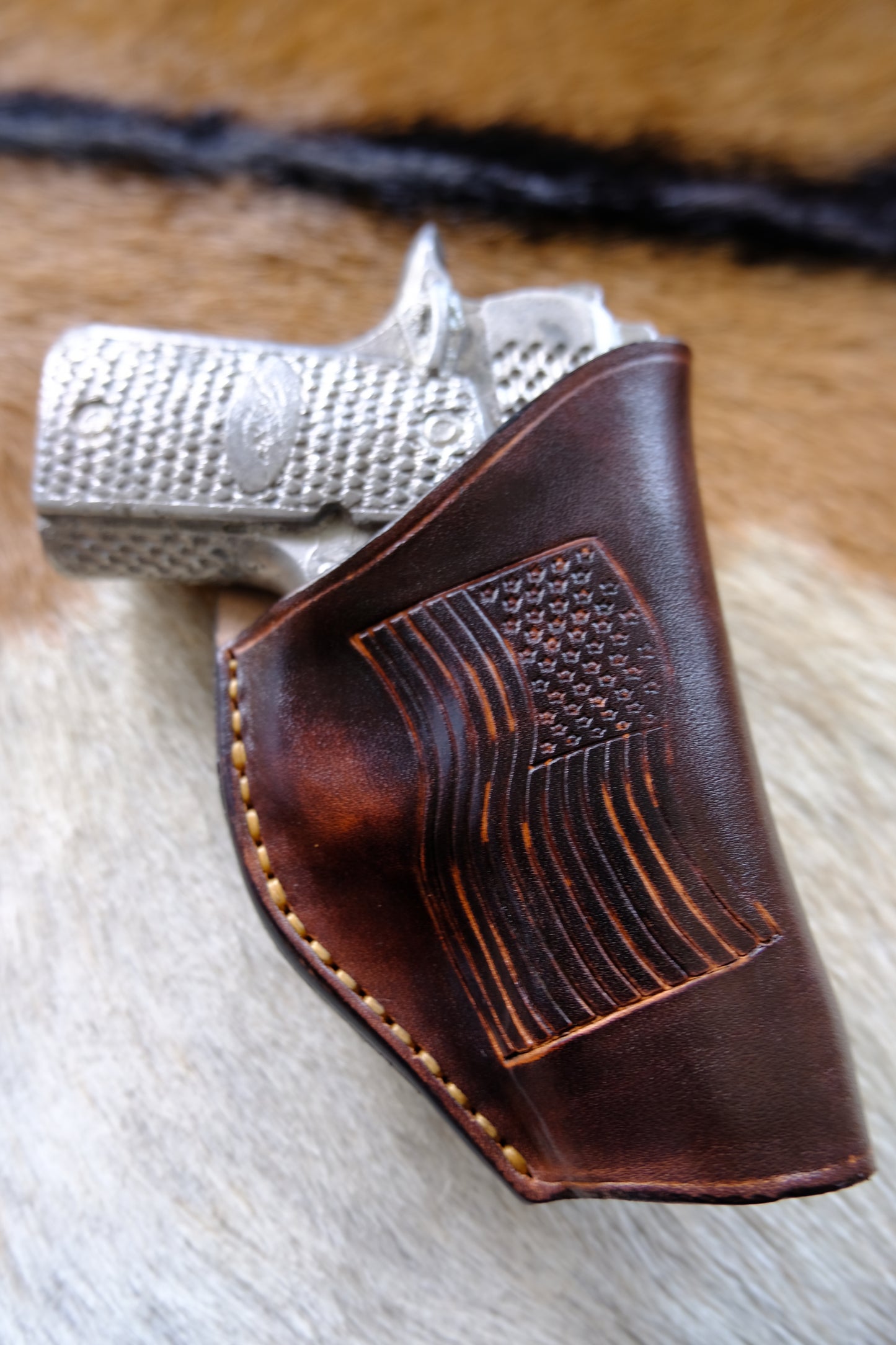 Leather Belt Clip Holster for Kimber Micro Raptor 380 | Distressed Brown with Stamped USA Flag |