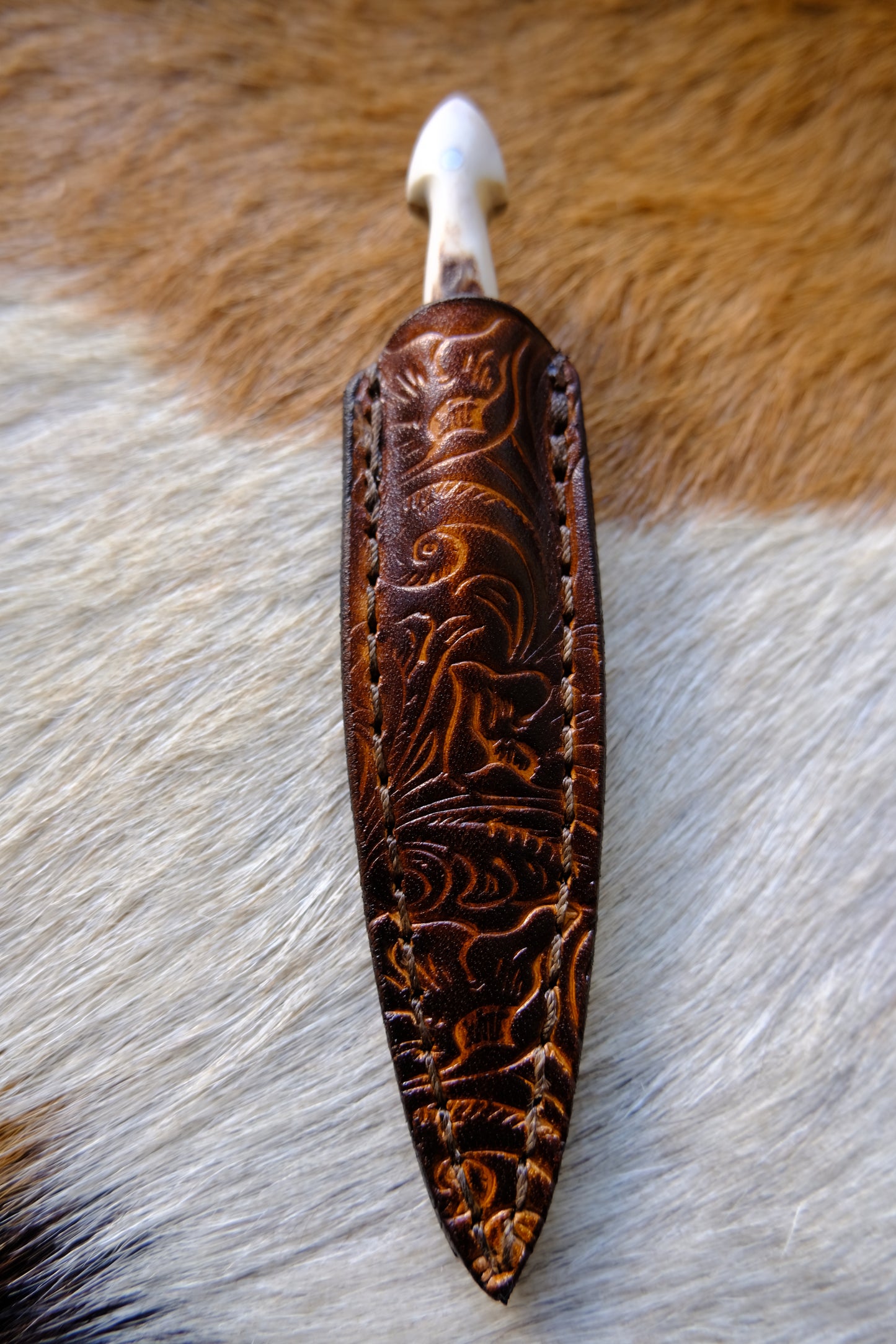 Deer Antler Handle Small Dagger Knife With Leather Sheath