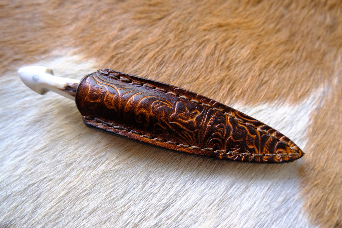 Deer Antler Handle Small Dagger Knife With Leather Sheath