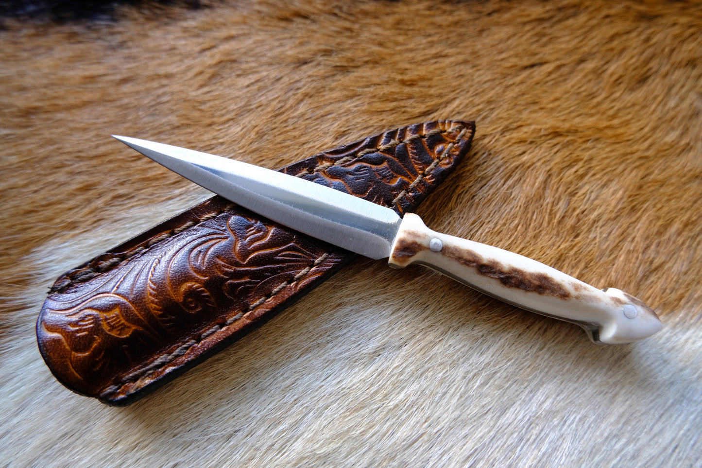 Deer Antler Handle Small Dagger Knife With Leather Sheath