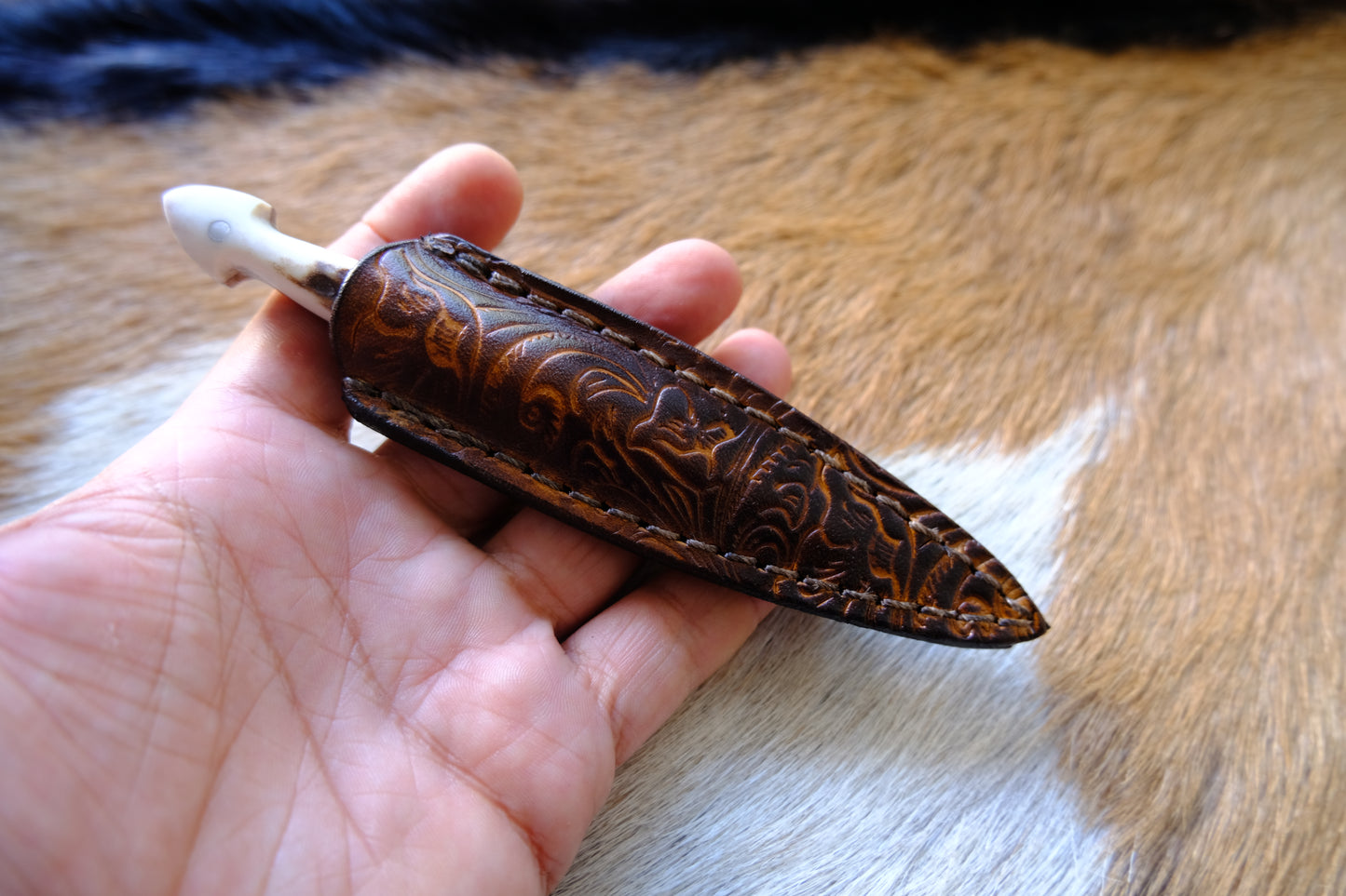 Deer Antler Handle Small Dagger Knife With Leather Sheath