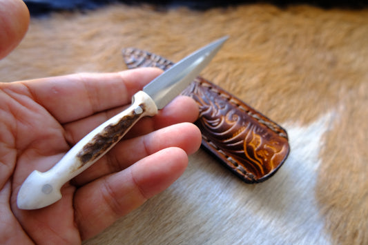 Deer Antler Handle Small Dagger Knife With Leather Sheath