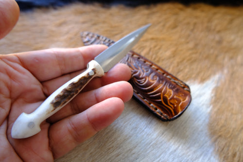 Deer Antler Handle Small Dagger Knife With Leather Sheath