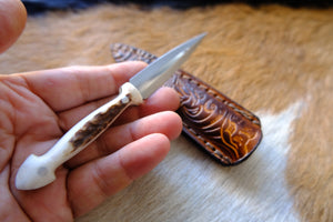 Deer Antler Handle Small Dagger Knife With Leather Sheath