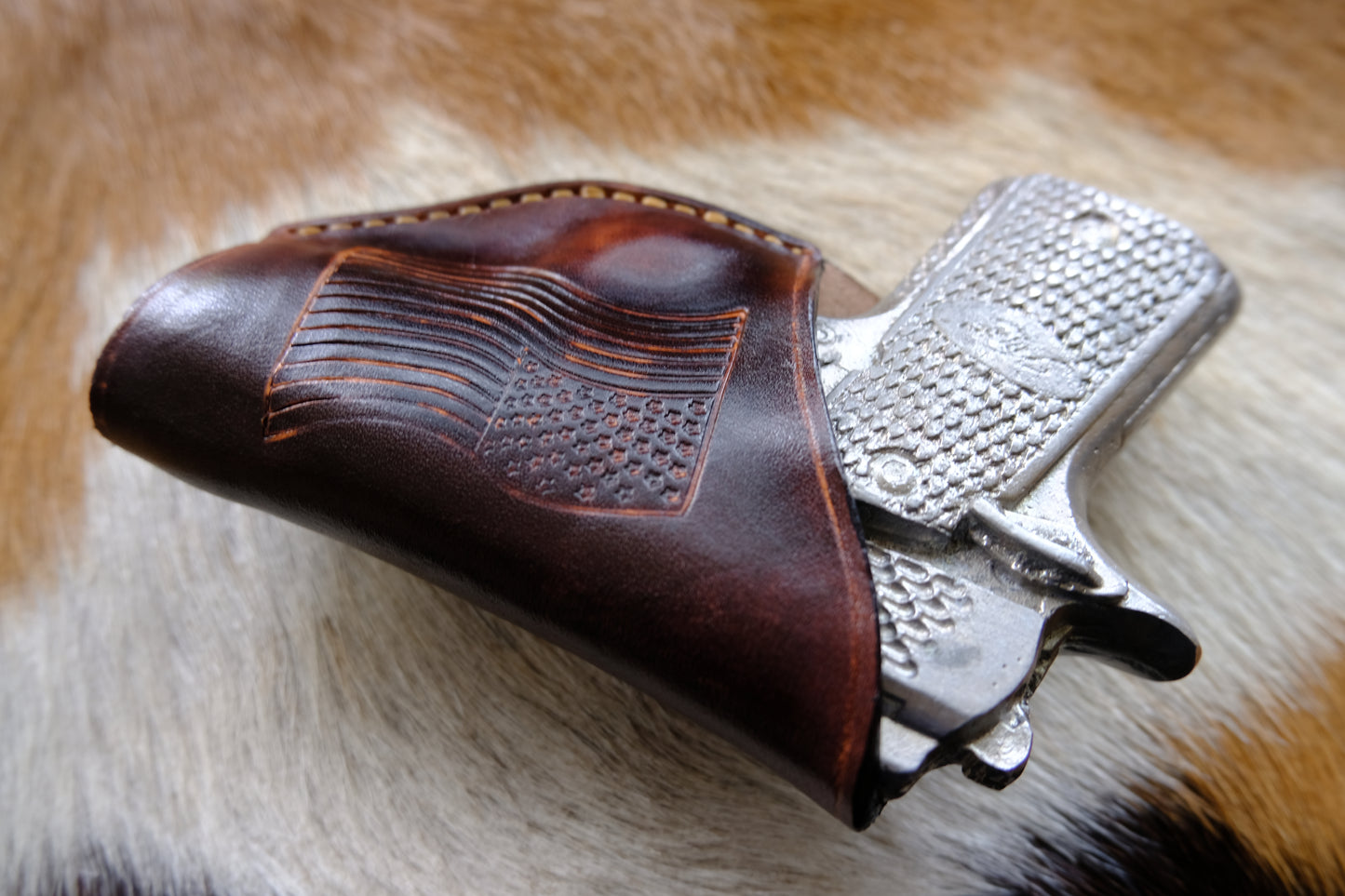 Leather Belt Clip Holster for Kimber Micro Raptor 380 | Distressed Brown with Stamped USA Flag |