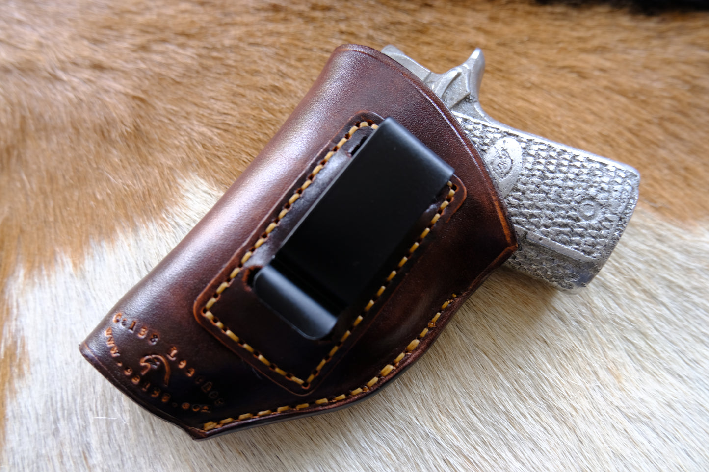 Leather Belt Clip Holster for Kimber Micro Raptor 380 | Distressed Brown with Stamped USA Flag |