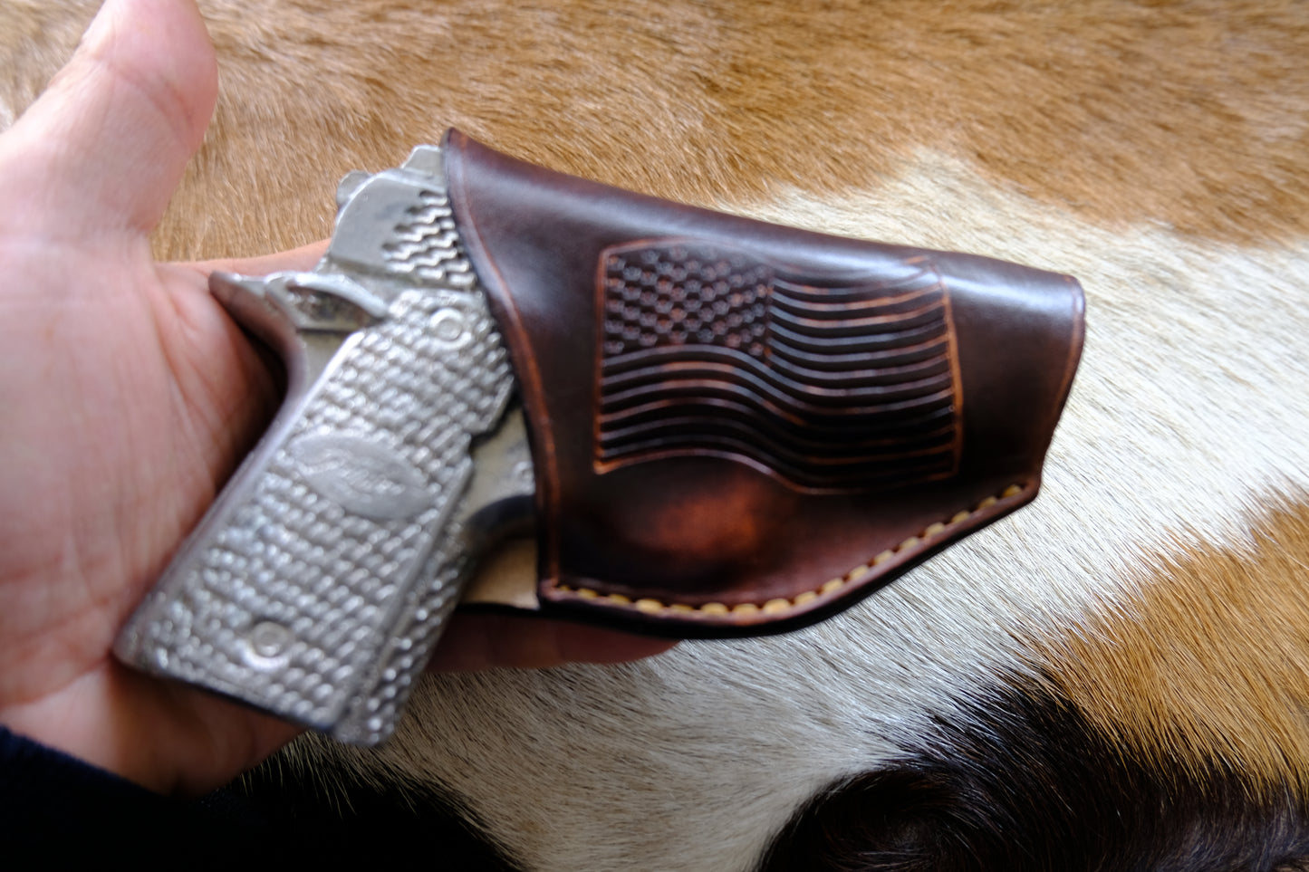 Leather Belt Clip Holster for Kimber Micro Raptor 380 | Distressed Brown with Stamped USA Flag |