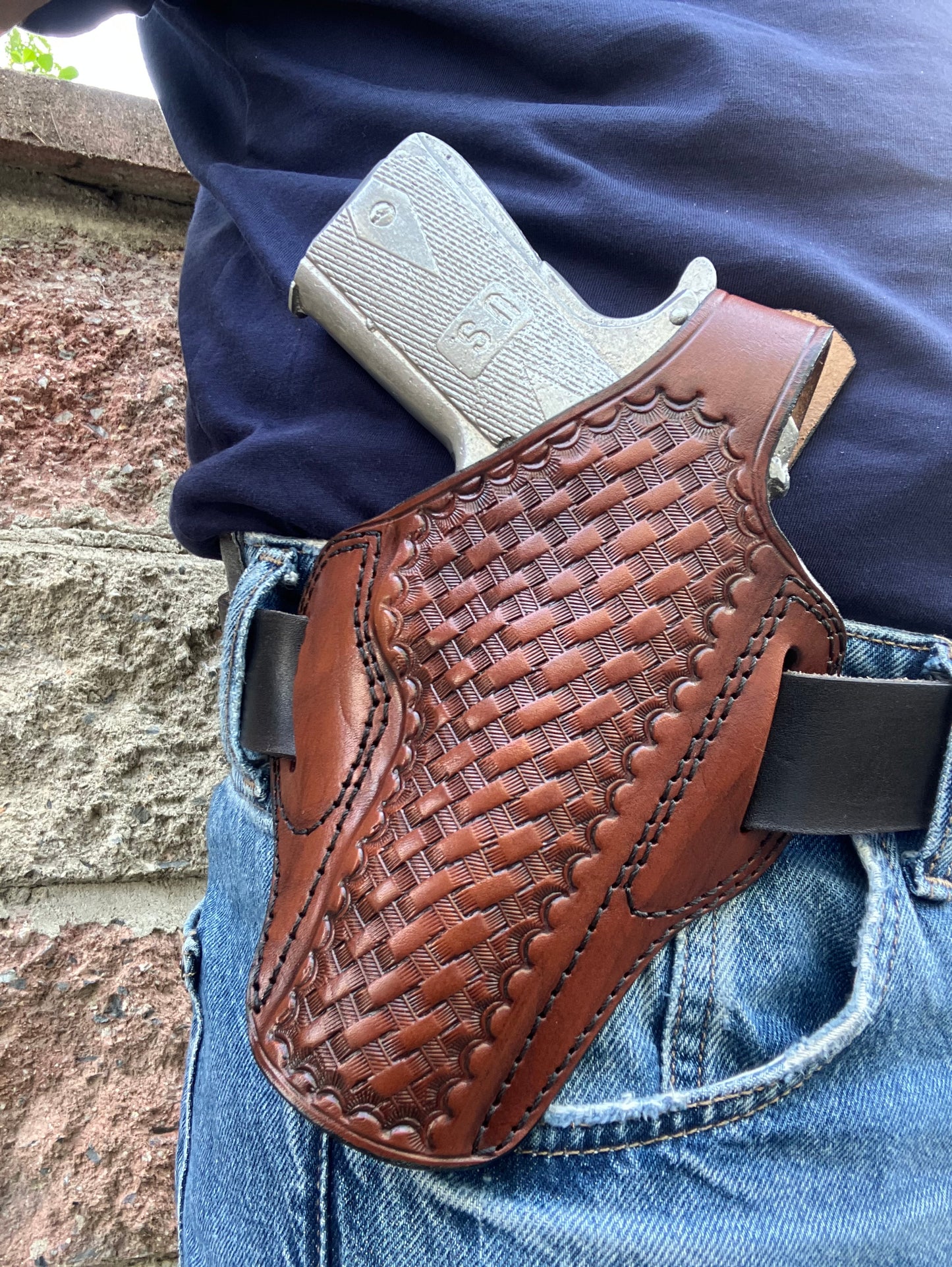 Springfield Armory 1911 Operator 45ACP Leather owb Belt Basket Weave Holster
