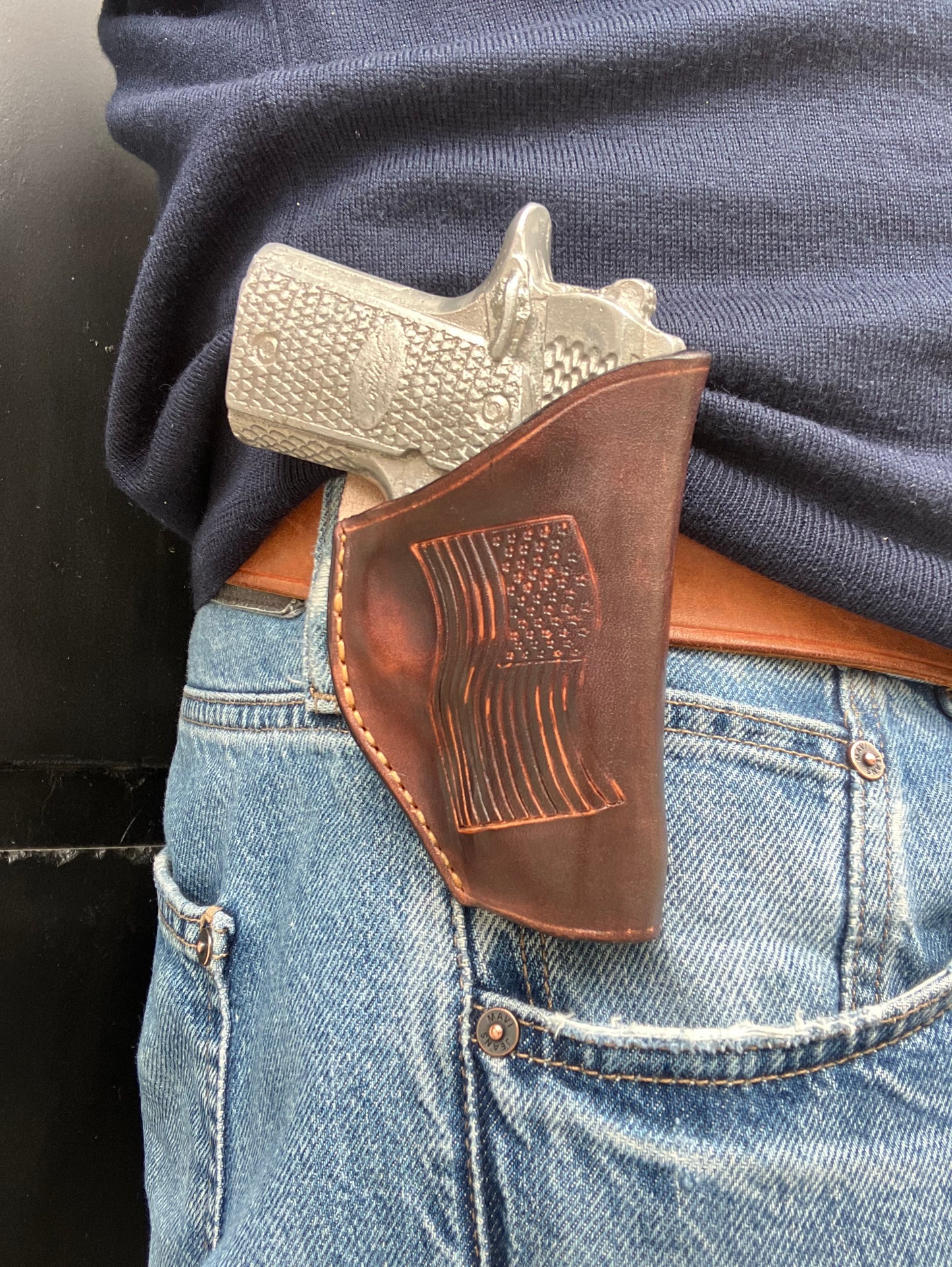 Leather Belt Clip Holster for Kimber Micro Raptor 380 | Distressed Brown with Stamped USA Flag |