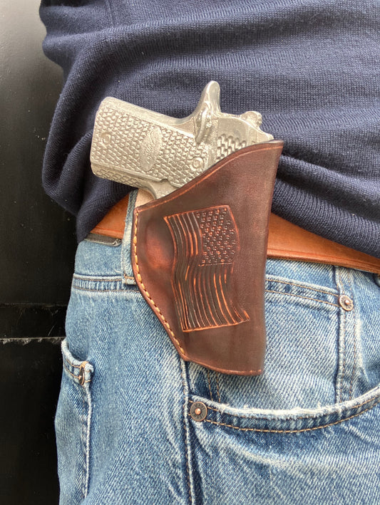 Leather Belt Clip Holster for Kimber Micro Raptor 380 | Distressed Brown with Stamped USA Flag |