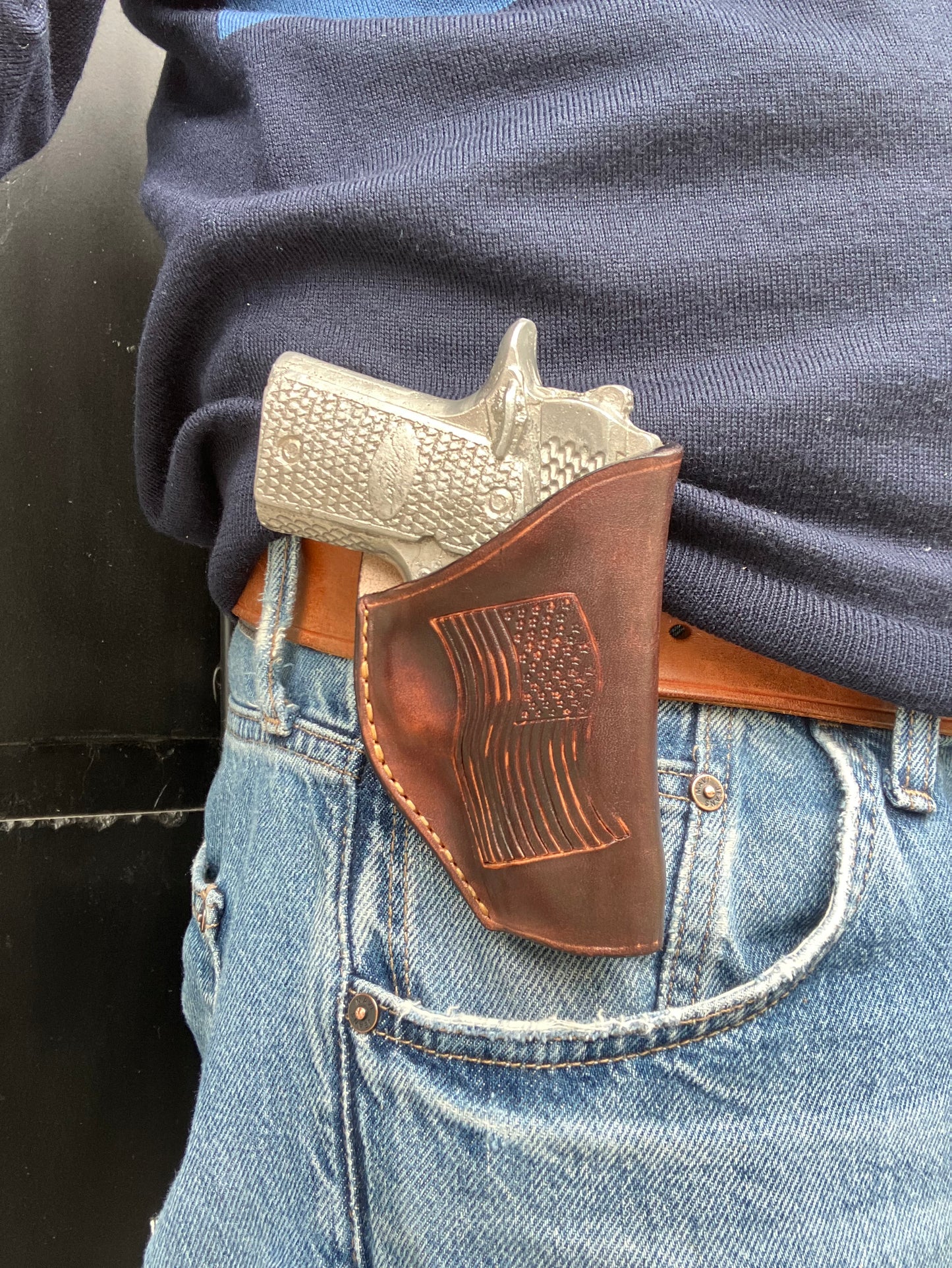Leather Belt Clip Holster for Kimber Micro Raptor 380 | Distressed Brown with Stamped USA Flag |