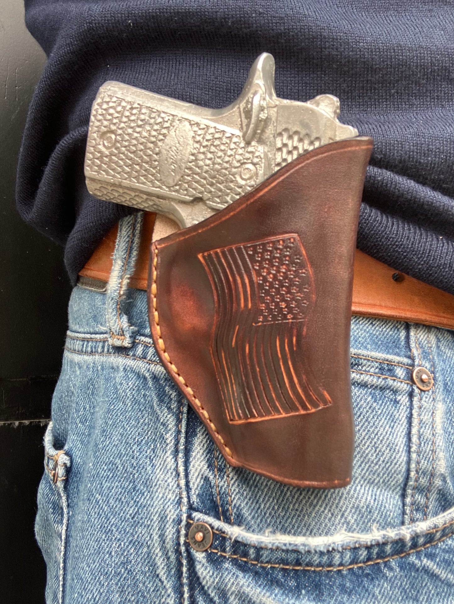 Leather Belt Clip Holster for Kimber Micro Raptor 380 | Distressed Brown with Stamped USA Flag |