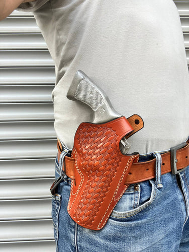 Leather Basket Weave OWB Holster for Smith and Wesson 686 357 Magnum 4 inch (R.H)