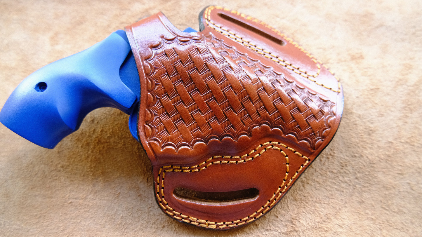 Cal38 Leather Basket Weave Belt owb Holster For Smith and Wesson J Frame 38 Special