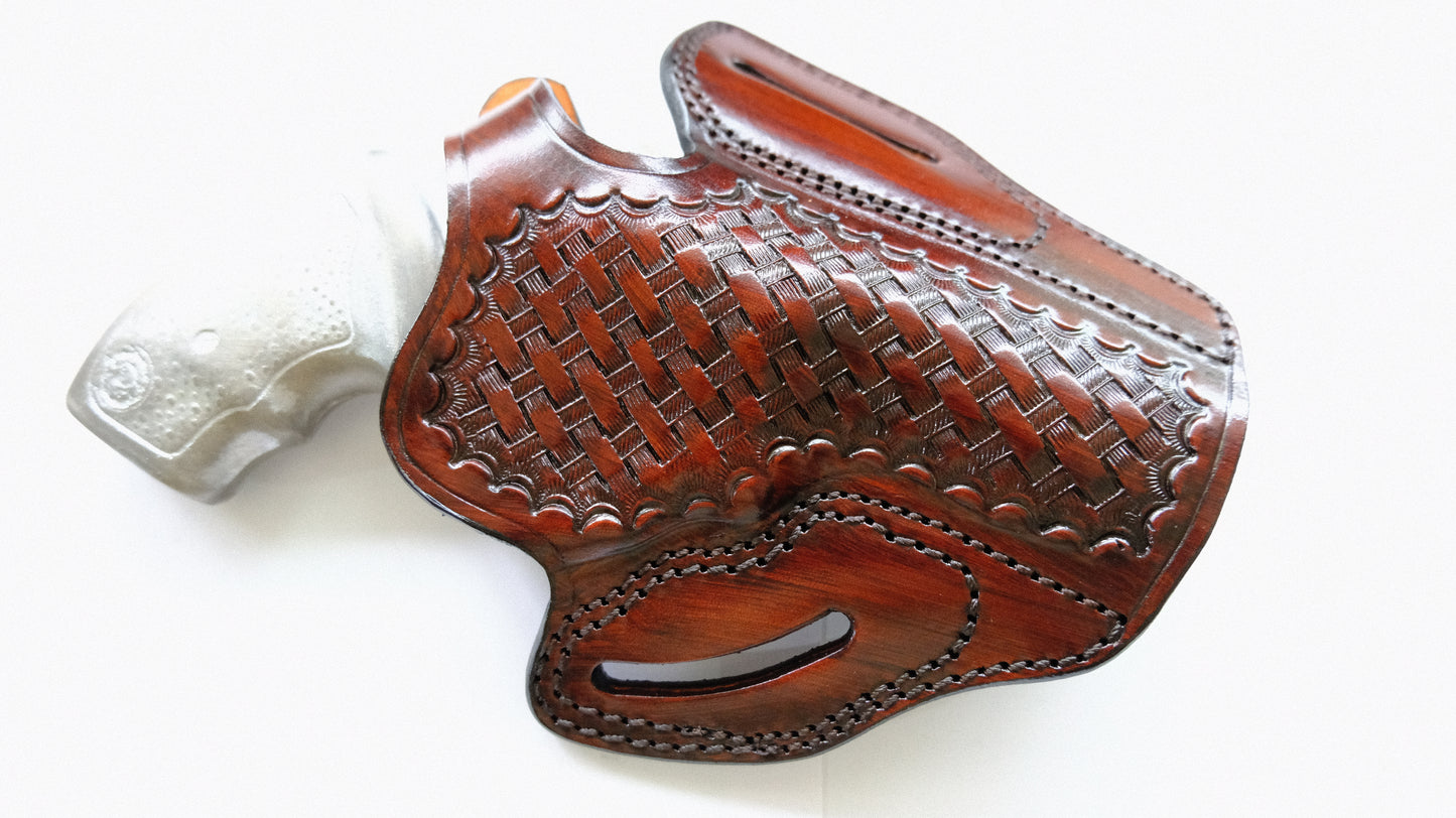 Cal38 Leather Basket Weave Holster For Taurus 85 with the 3" barrel 