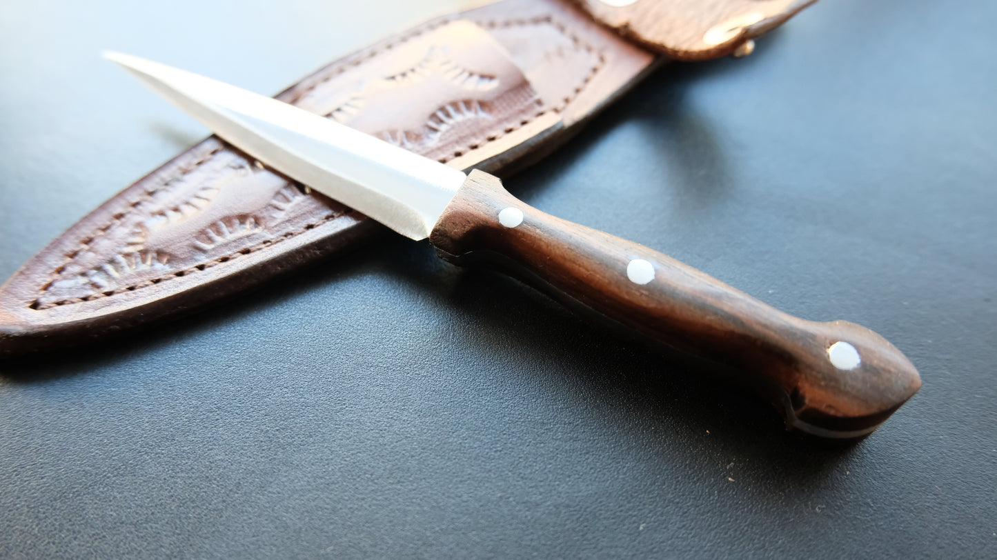 Cal38 Mini Dagger Knife With Leather Sheath (Walnut Wood Handle)