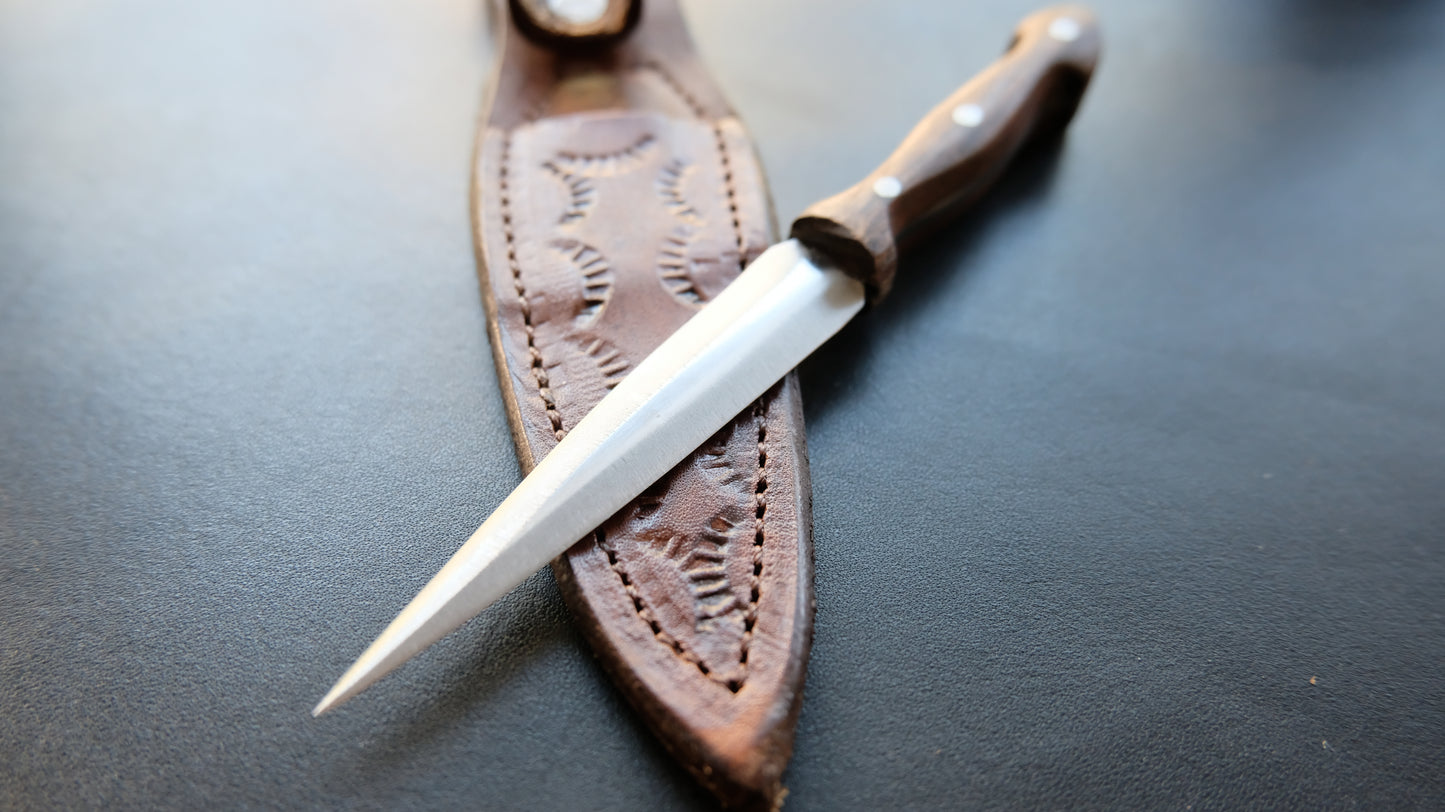 Cal38 Mini Dagger Knife With Leather Sheath (Walnut Wood Handle)