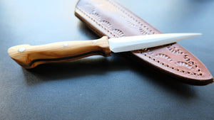 Cal38 Mini Dagger Knife With Leather Sheath (Olive Wood Handle)