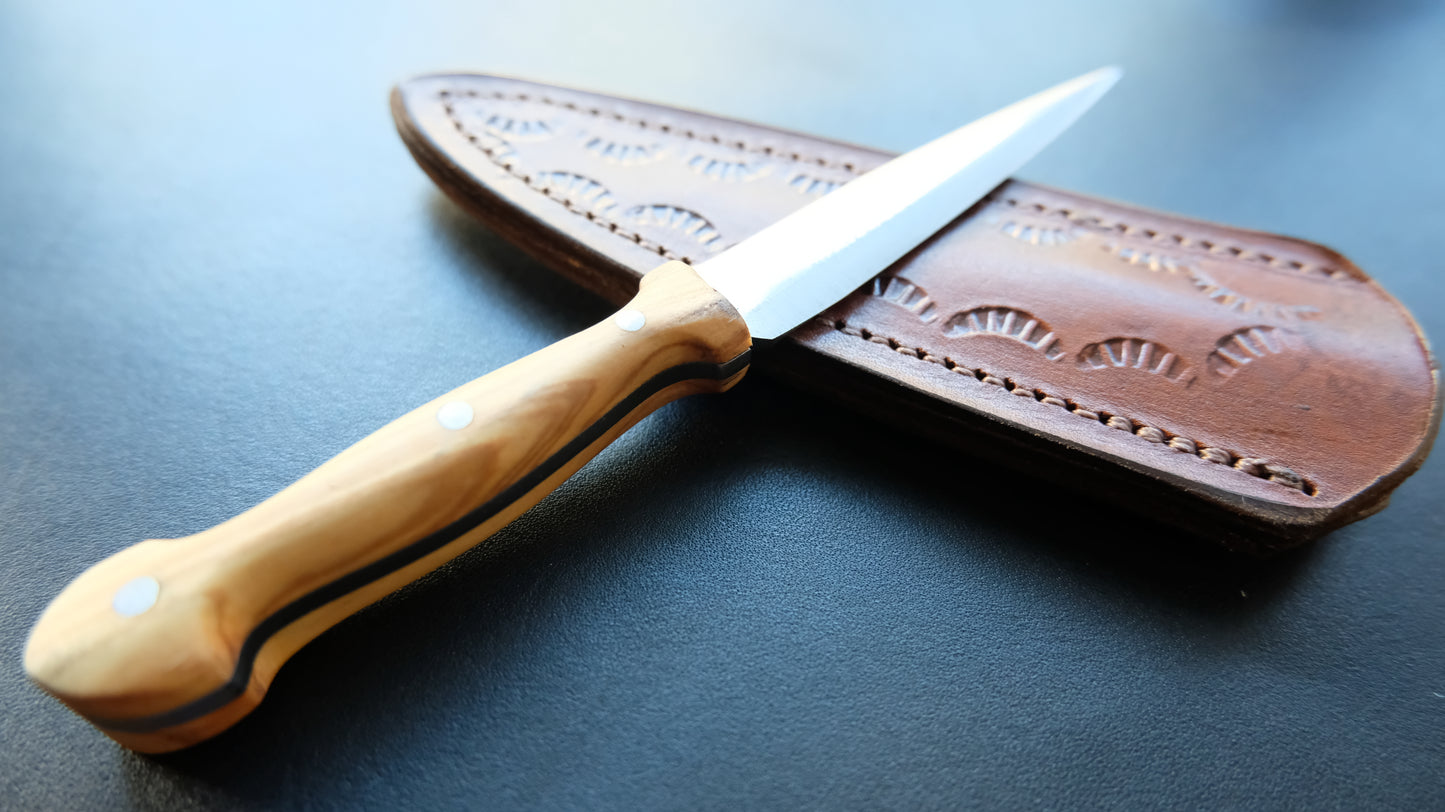 Cal38 Mini Dagger Knife With Leather Sheath (Olive Wood Handle)